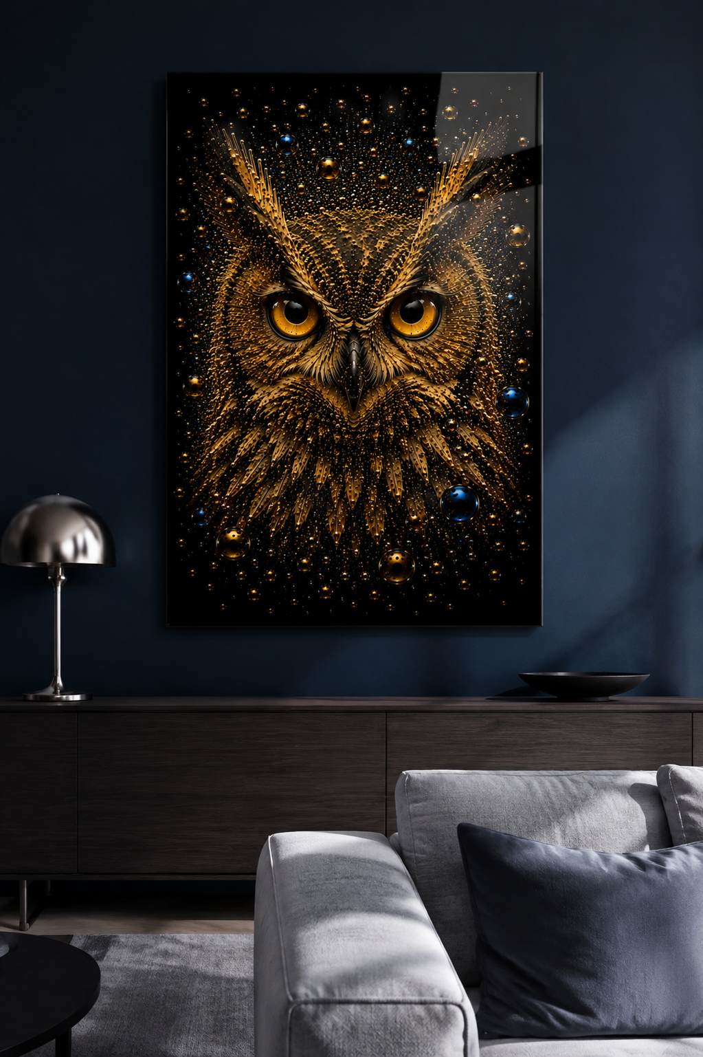 Midnight Oracle gouden uil wanddecoratie in moderne woonkamer met donkerblauwe wand