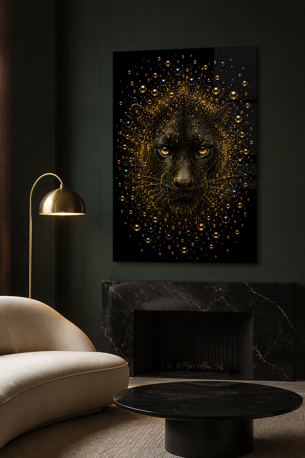 Midnight Sovereign zwarte panter wanddecoratie in moderne strakke woonkamer