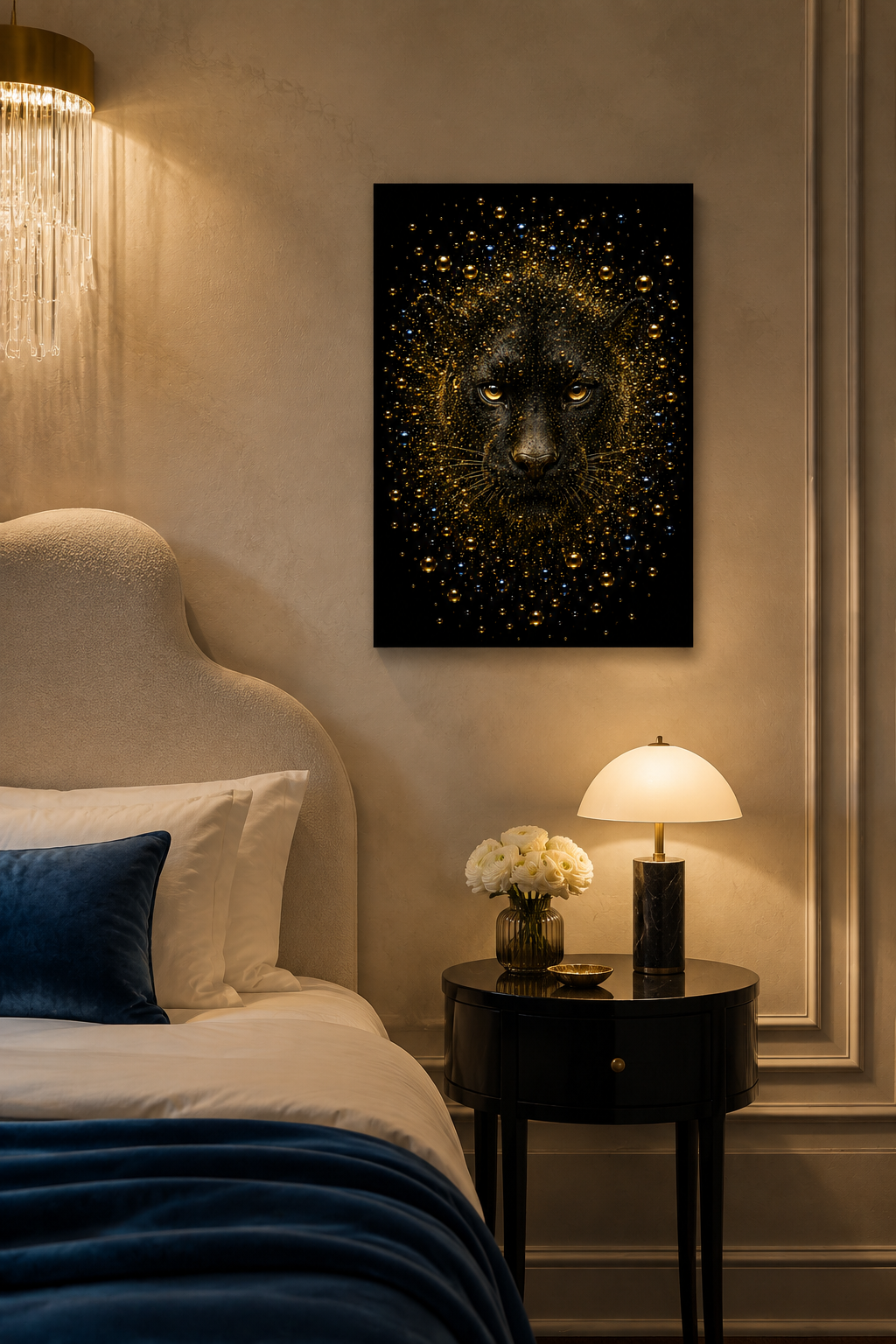 Midnight Sovereign zwarte panter wanddecoratie in luxe hotelkamer