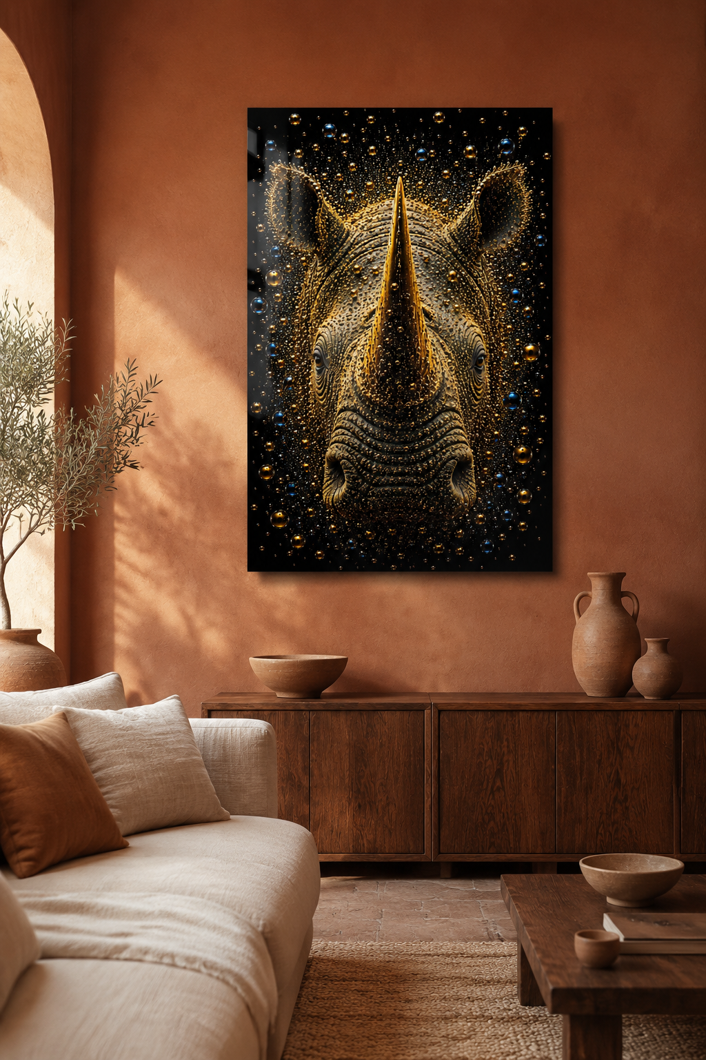 Golden Sentinel gouden neushoorn kunstwerk in een sfeervolle woonkamer met aardeetinten