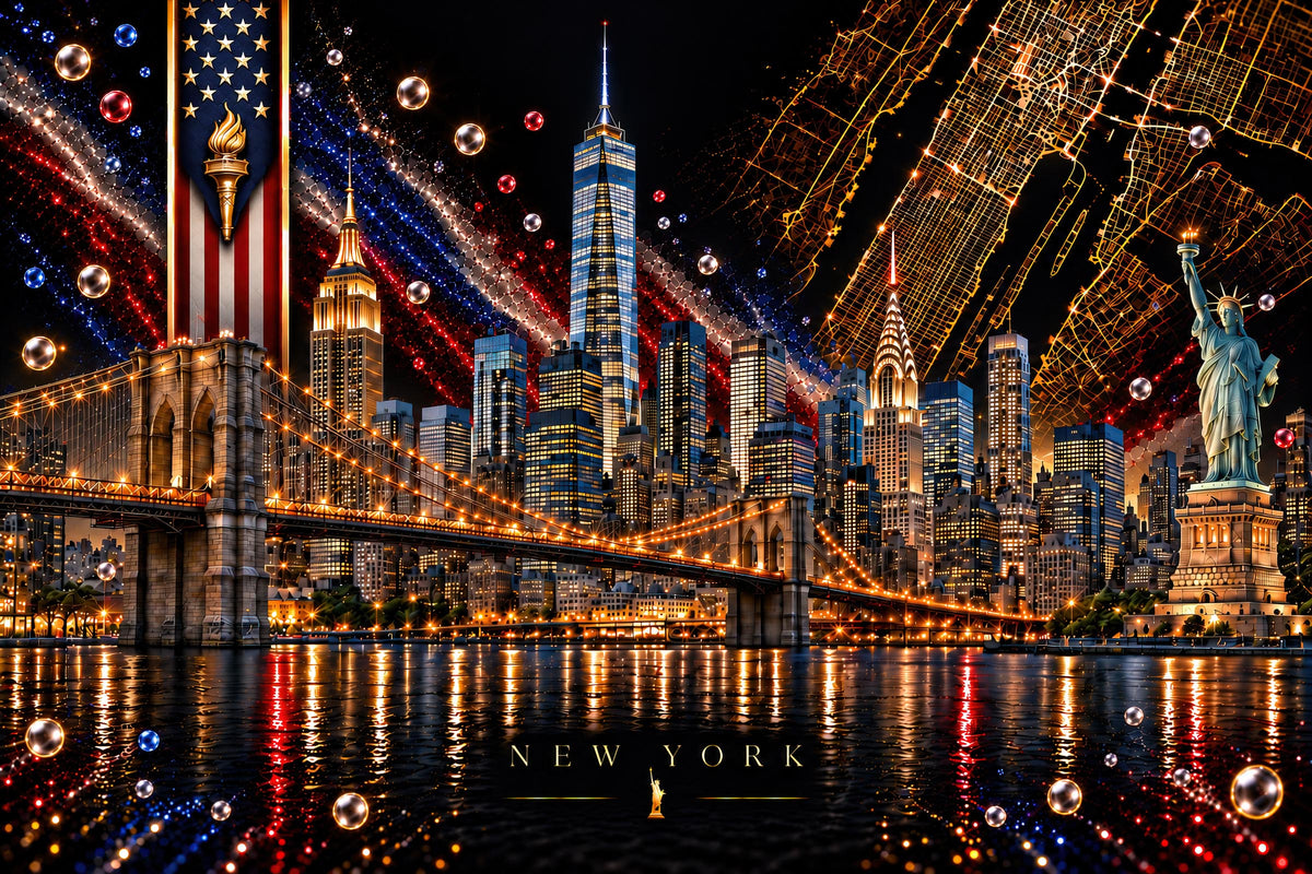 Manhattan - New York een sprekende luxe wanddecoratie op dibond of acrylglas van de skyline van de Big Apple ontworpen door Elicec.