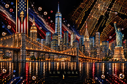 Manhattan - New York een sprekende luxe wanddecoratie op dibond of acrylglas van de skyline van de Big Apple ontworpen door Elicec.