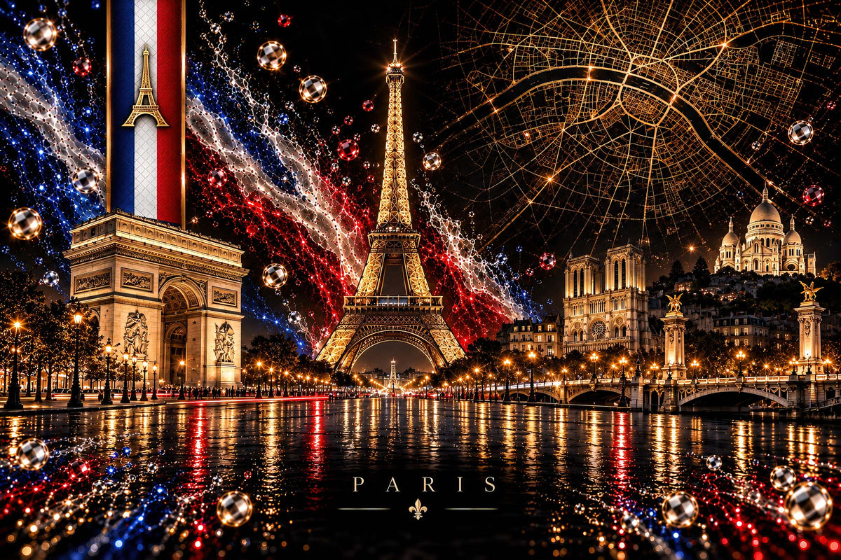 De luxe sfeer van Parijs als wanddeco in de Iconic Cities collectie met oa de Seine, Eiffeltoren en Arc de Triomphe als iconische gebouwen in beeld gebracht