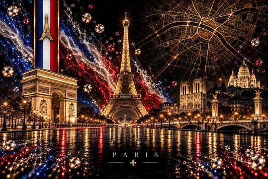 De luxe sfeer van Parijs als wanddeco in de Iconic Cities collectie met oa de Seine, Eiffeltoren en Arc de Triomphe als iconische gebouwen in beeld gebracht