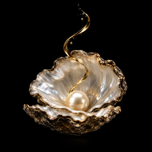 Luxe oester wanddecoratie Pearl No. 1 met parel in zwart, parelmoer en goud uit de ELICEC Food Collection
