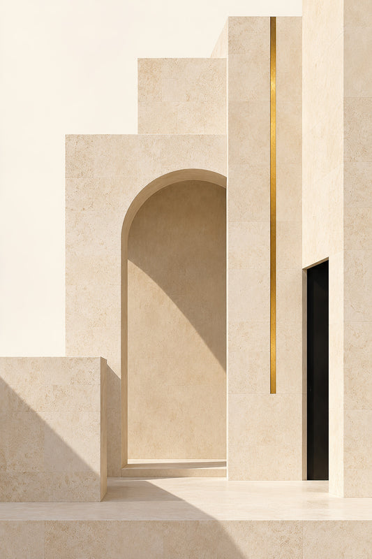 Quiet Architecture minimalistische architectuur wanddecoratie met kalksteen, boog, schaduw en goudaccent.