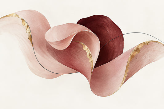Rose Form abstracte roze wanddecoratie met dusty rose, wijnrood, zwart en goudaccenten.