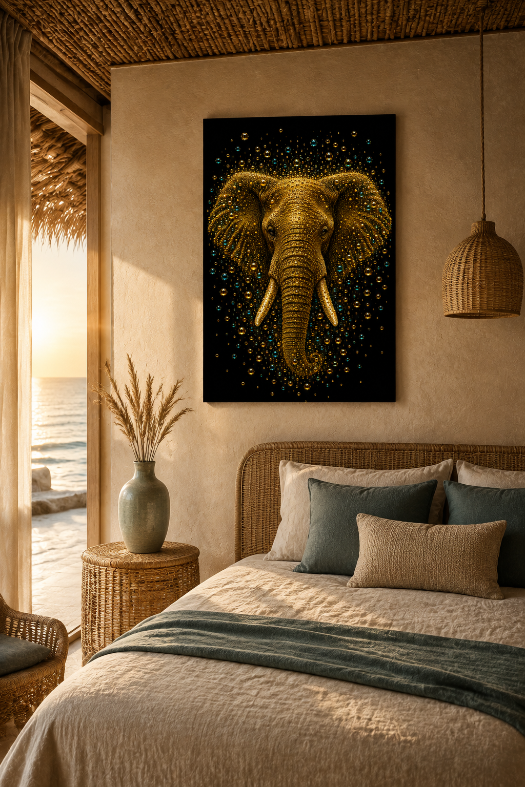 Silent Majesty gouden olifant als luxe wandkunst in een sfeervolle hotelkamer