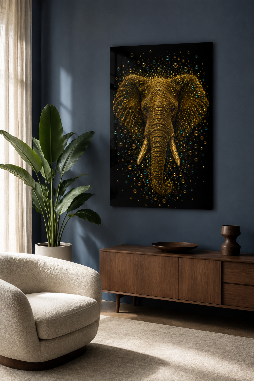 Gouden olifant Emerald-style bubble art in een modern interieur – Silent Majesty