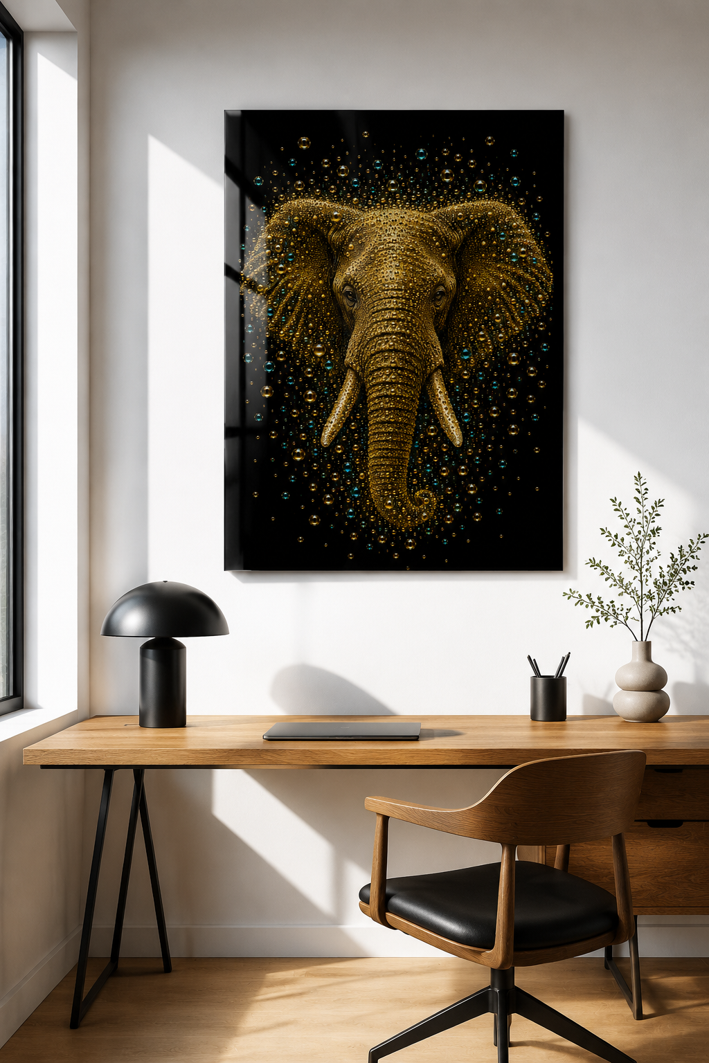 Silent Majesty olifant wanddecoratie in goud en turquoise boven een modern bureau