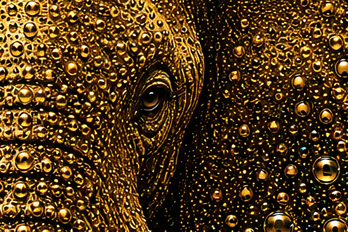 Detail van Silent Majesty met gouden bubbels en het oog van de olifant