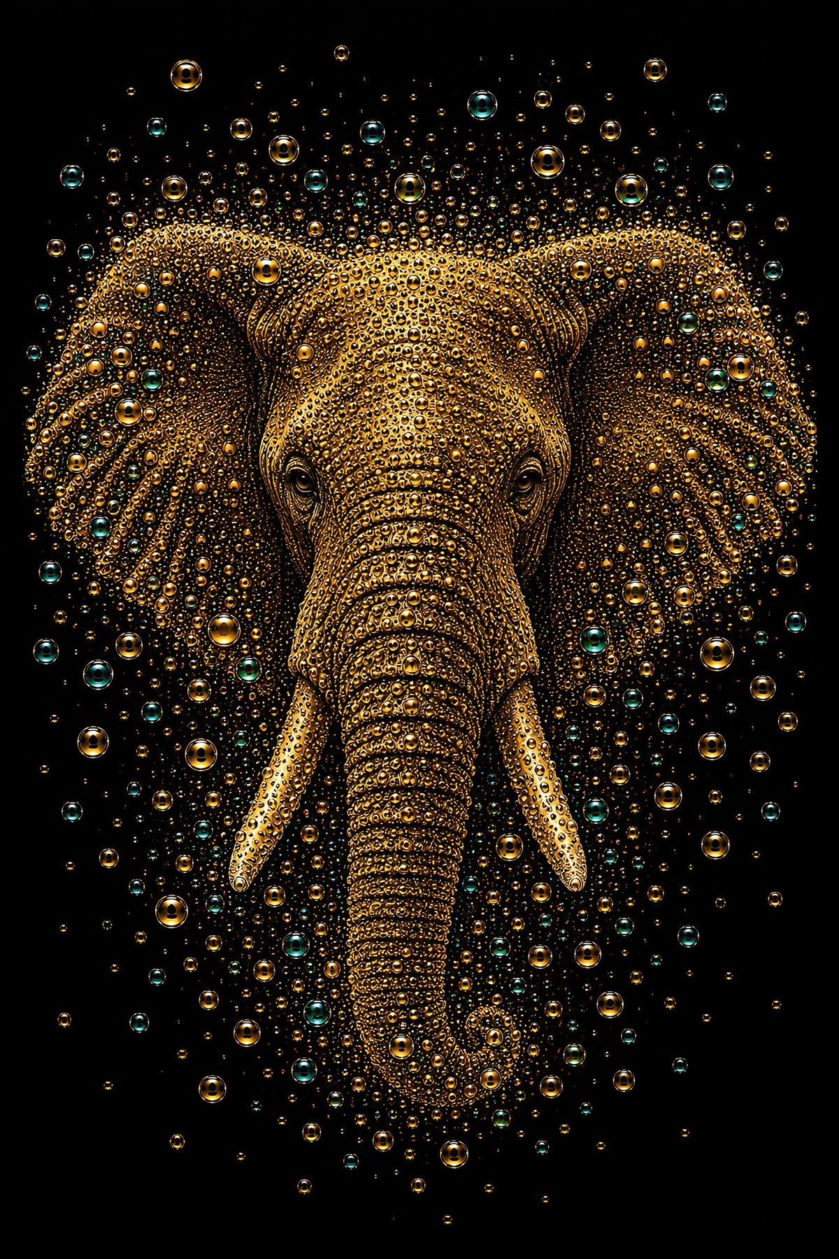 Silent Majesty – gouden olifant met turquoise accenten op zwarte achtergrond