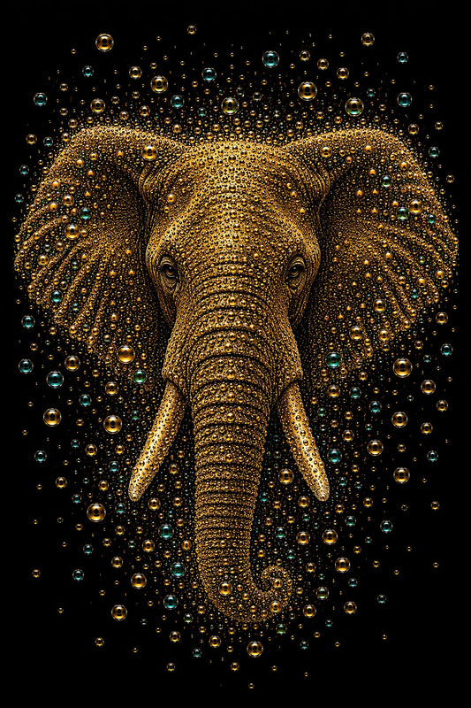 Silent Majesty – gouden olifant met turquoise accenten op zwarte achtergrond