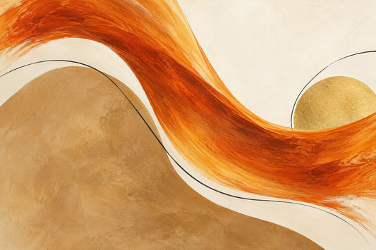 Solar Current abstracte oranje wanddecoratie met amber, karamel, zwart en goud.