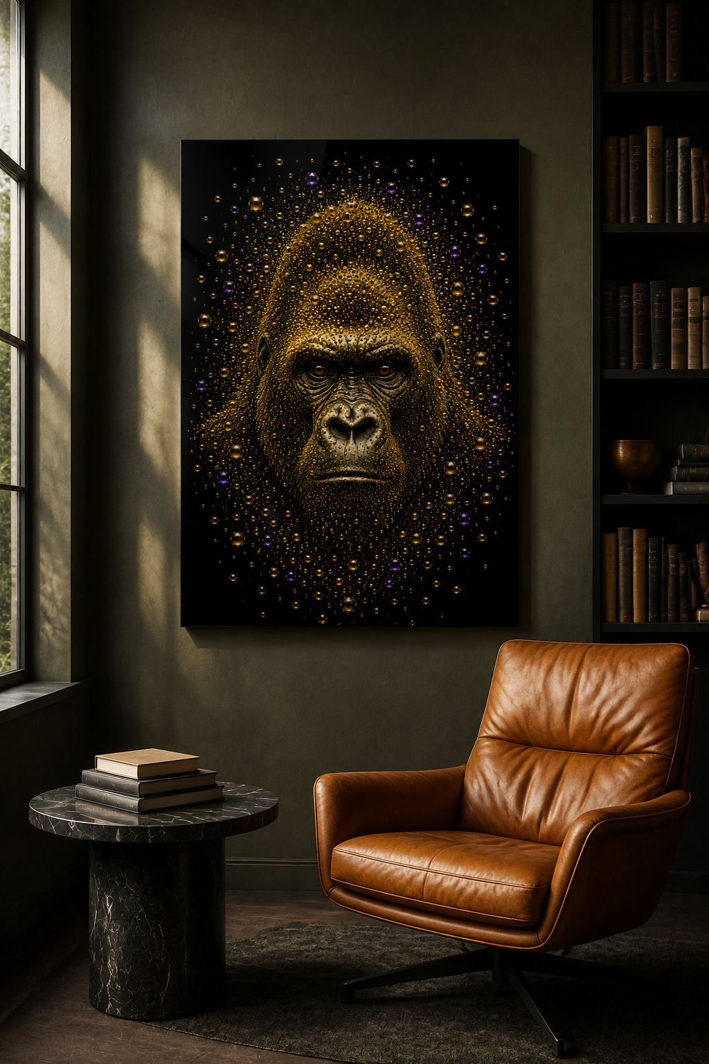 The Guardian gorilla bubble art als statement piece in een luxe donkere zithoek