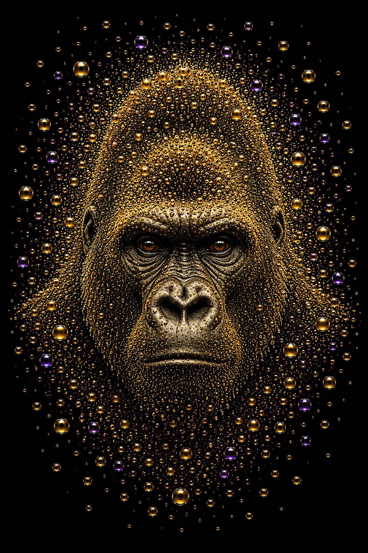 The Guardian – krachtige gouden gorilla met paarse bubbels op zwarte achtergrond