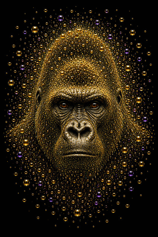 The Guardian – krachtige gouden gorilla met paarse bubbels op zwarte achtergrond