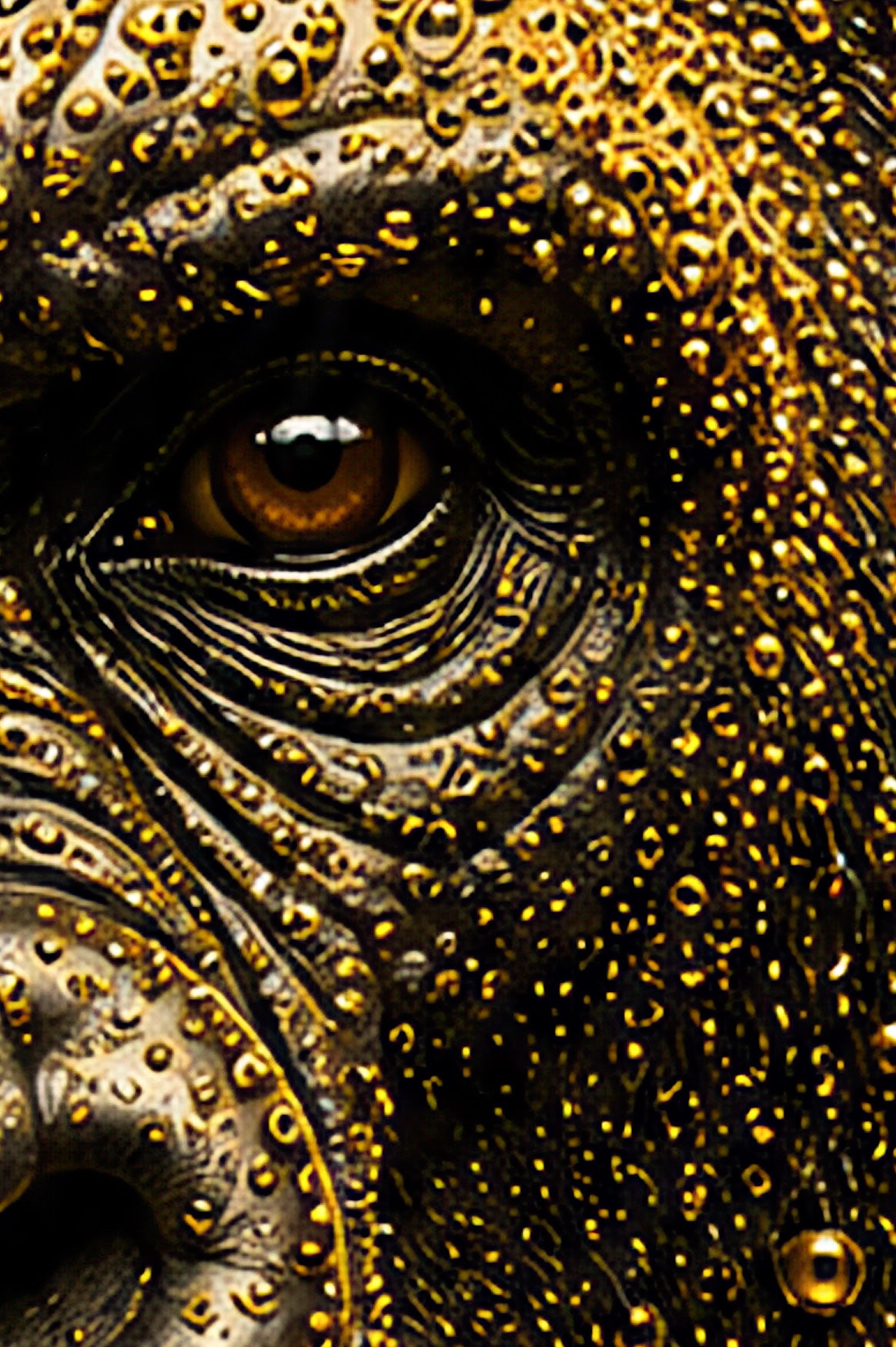 Close-up van het oog van The Guardian met gouden details en donkere contrasten