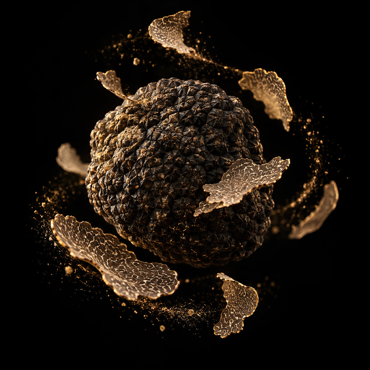 Luxe truffel wanddecoratie The Truffle met gouden truffelschaafsels op zwarte achtergrond uit de ELICEC Food Collection
