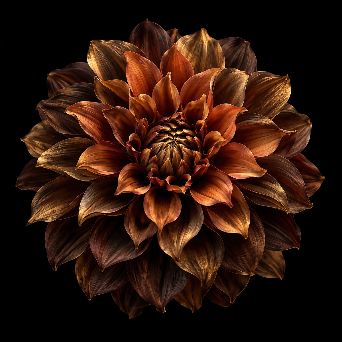 Luxe dahlia wanddecoratie met rijke bloembladeren in donkere warme kleuren en goud