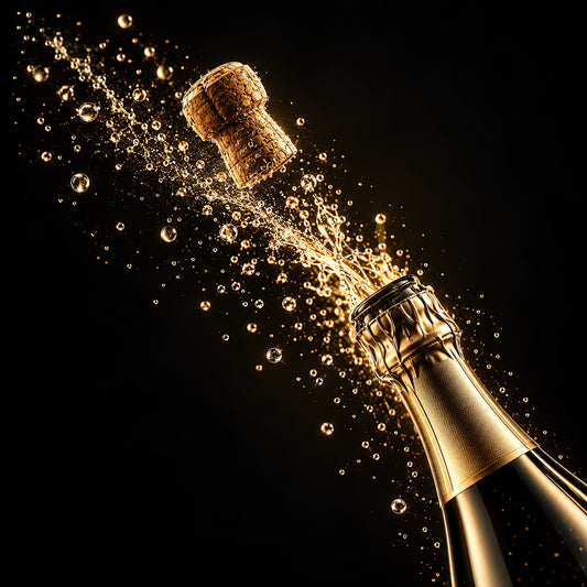 Luxe wanddecoratie van een exploderende champagnekurk met gouden bubbels op een diepzwarte achtergrond – The Release van ELICEC