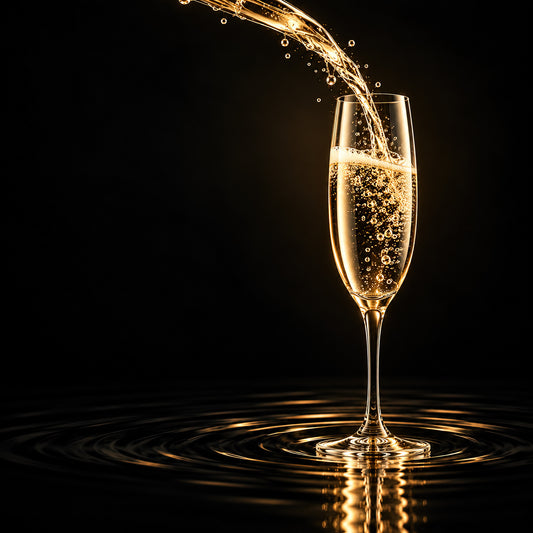 Luxe wanddecoratie van champagne die in een elegante flute wordt geschonken op een diepzwarte achtergrond – Golden Pour van ELICEC