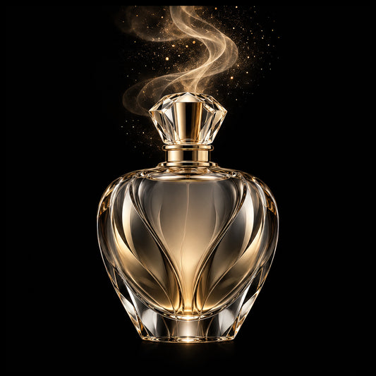 Luxe wanddecoratie van een sculpturale parfumflacon van glas en goud met geurwolk op een diepzwarte achtergrond – The Flacon van ELICEC