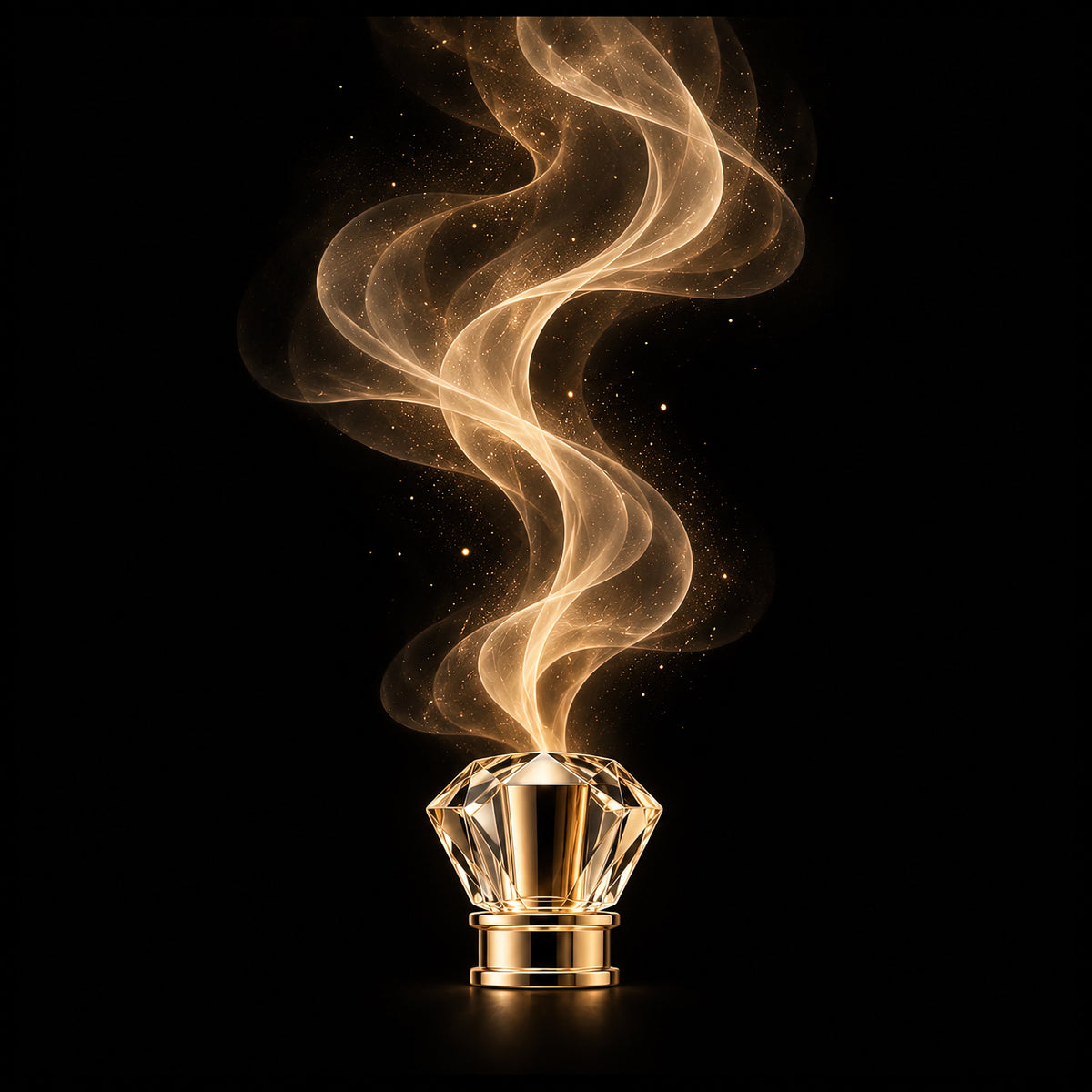 Luxe wanddecoratie van een gouden parfumdop met een zachte, lichtgevende geurwolk op een diepzwarte achtergrond – The Essence van ELICEC