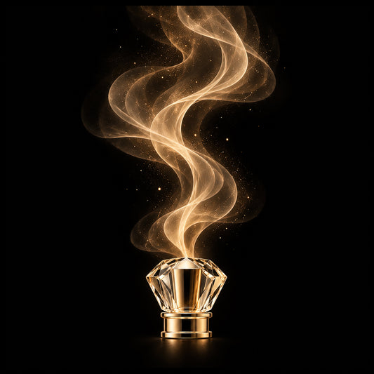 Luxe wanddecoratie van een gouden parfumdop met een zachte, lichtgevende geurwolk op een diepzwarte achtergrond – The Essence van ELICEC