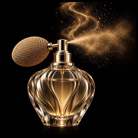 Luxe wanddecoratie van een gouden parfumverstuiver met fijne geurmist op een diepzwarte achtergrond – The Atomiser van ELICEC