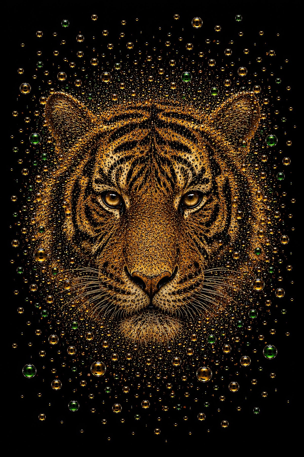 Emerald Stripes – gouden tijger met groene accenten in luxe bubble art stijl