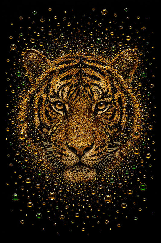 Emerald Stripes – gouden tijger met groene accenten in luxe bubble art stijl