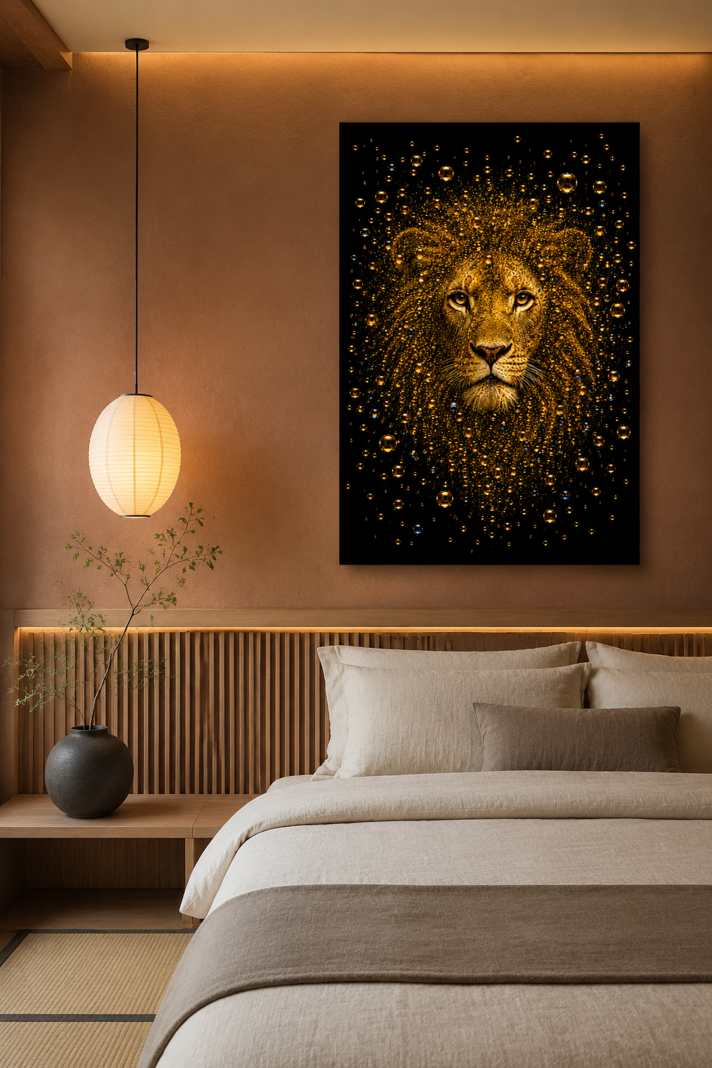 The Last King gouden leeuw kunstwerk in luxe donkere slaapkamer