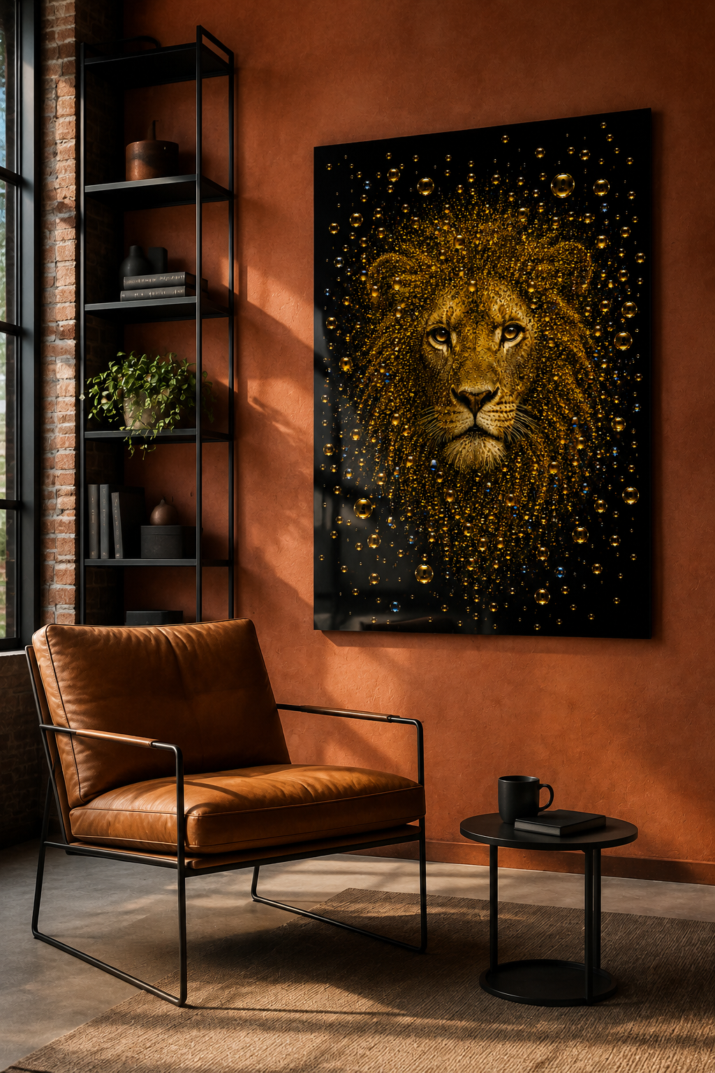 Gouden leeuw wanddecoratie The Last King in modern interieur